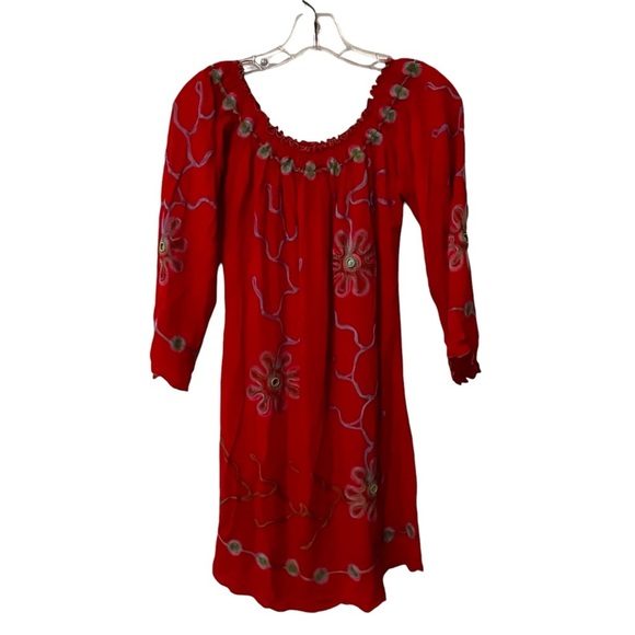 Poupette St Barth Off The Shoulder embroidered whimsical daisy flower M Red - Picture 3 of 16